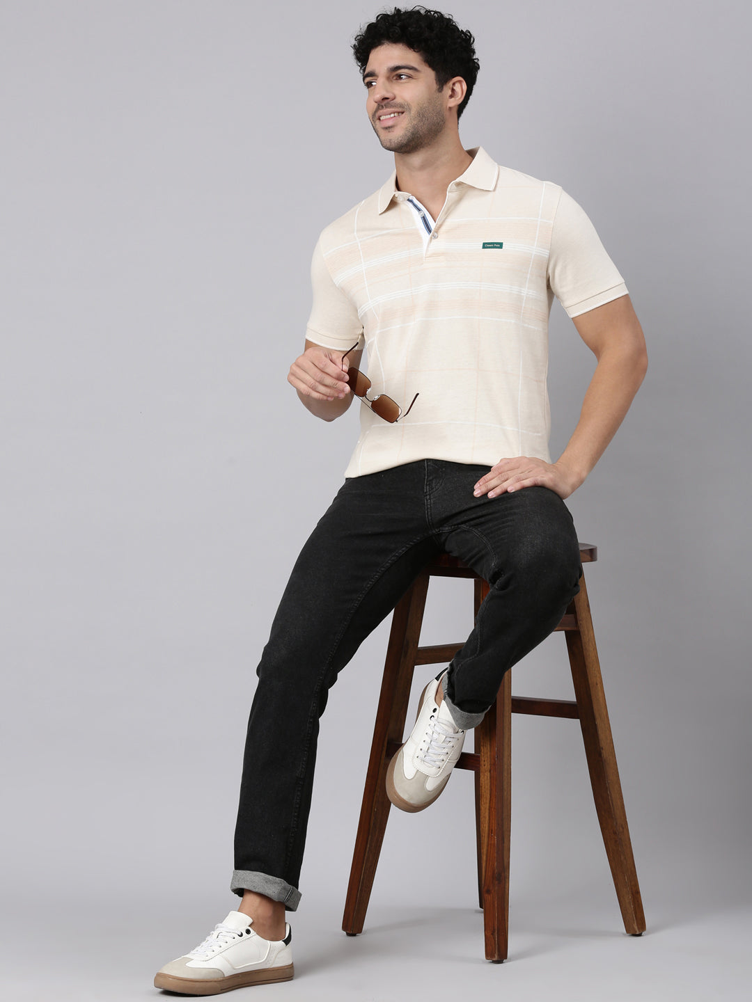 Classic Polo Men's Half Sleeve Cream Polo Neck Slim Fit Striped Cotton T-Shirt | FP - 22 A SF P