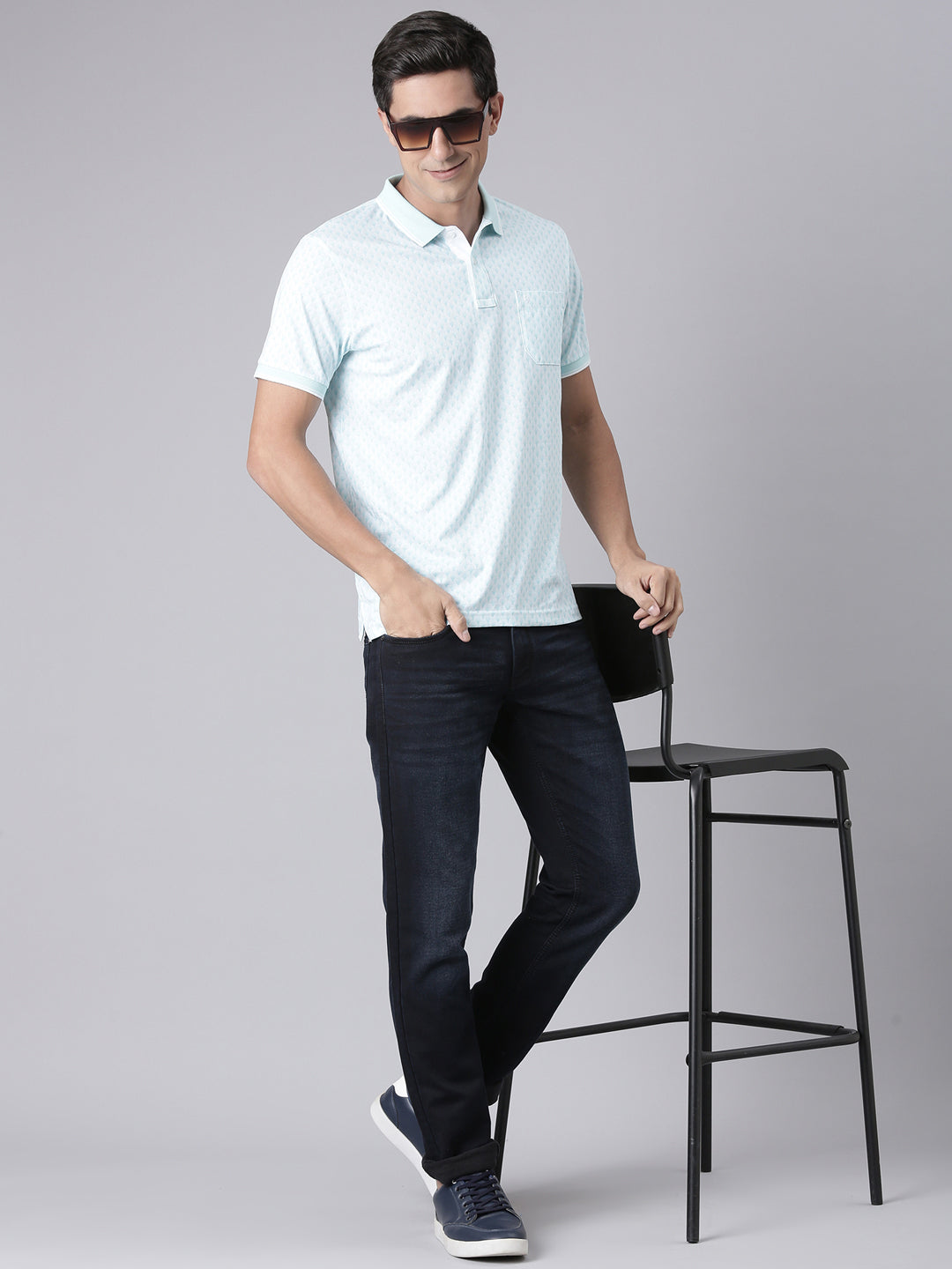 Classic Polo Men's Half Sleeve Lt.Green/White Polo Neck Slim Fit All Over Print Cotton T-Shirt | LTS-AOP - 100 B SF P