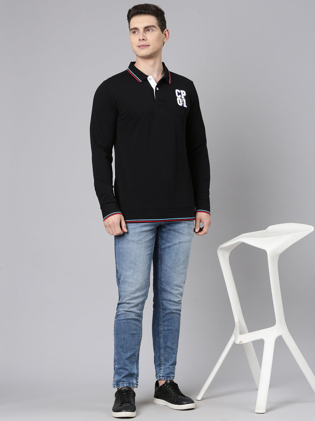 Classic Polo Men's Full Sleeve Black Polo Neck Slim Fit Solid Cotton T-Shirt | GEN-X-POLO-FS 01 B SF P