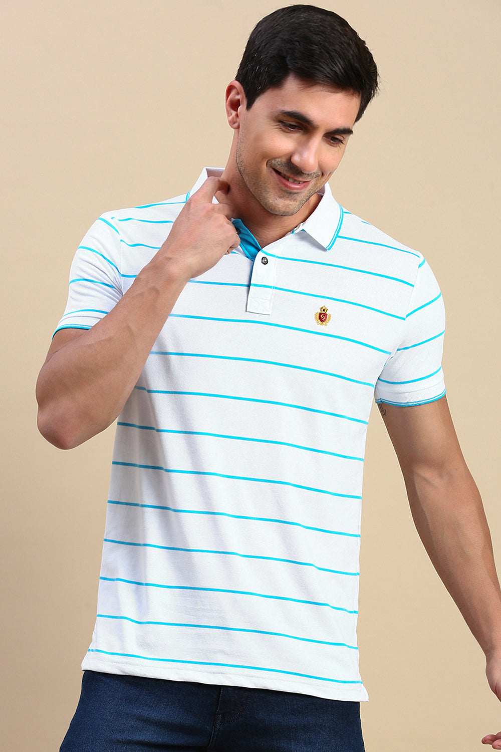Classic Polo Men's Half Sleeve White/Blue Polo Neck Slim Fit Striped T-Shirt | CPEG - 334 B SF P