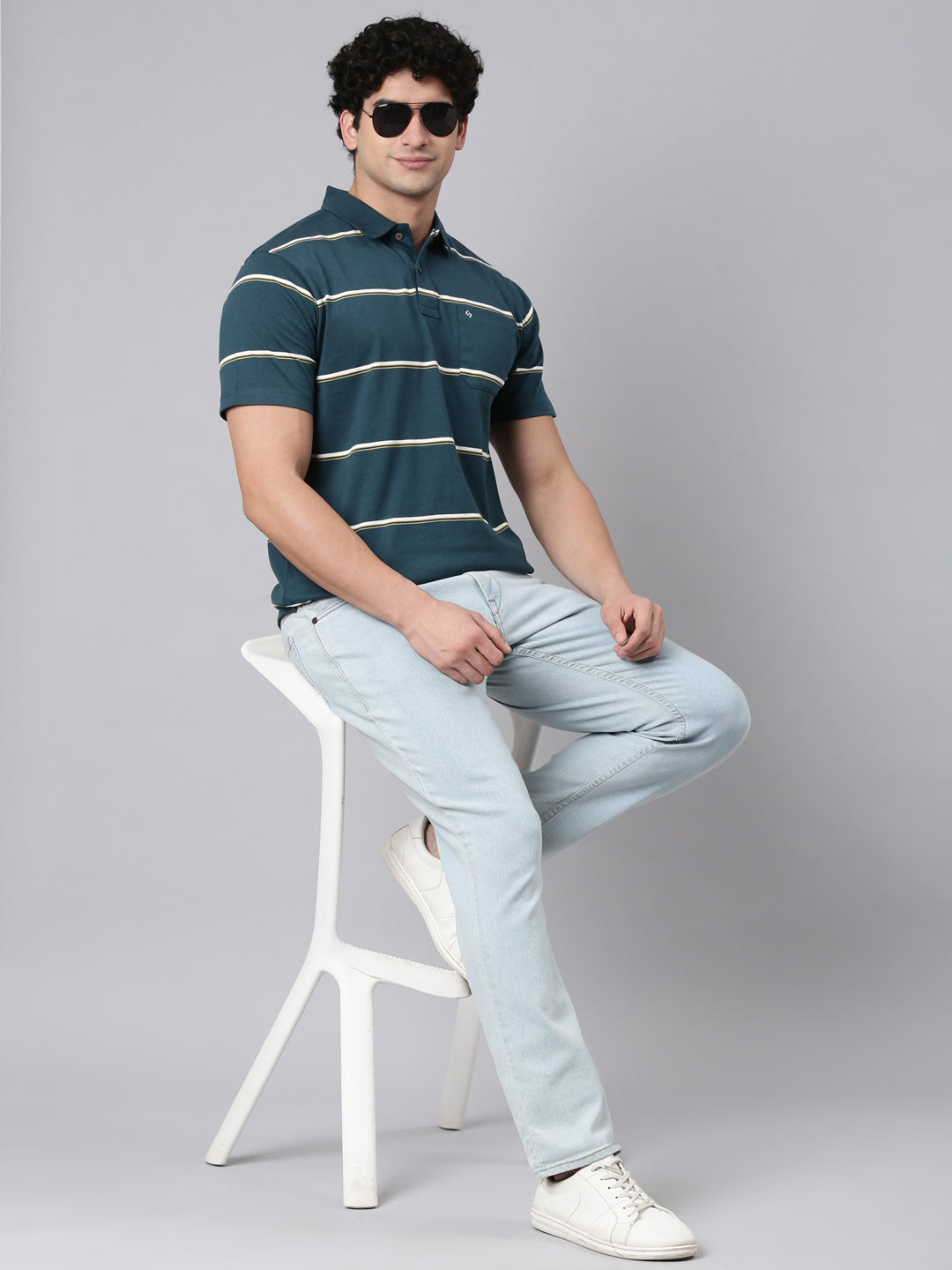 Classic Polo Men's Half Sleeve Dark Green Polo Neck Authentic Fit Striped Cotton Blend T-Shirt | AVON - 669 B AF P