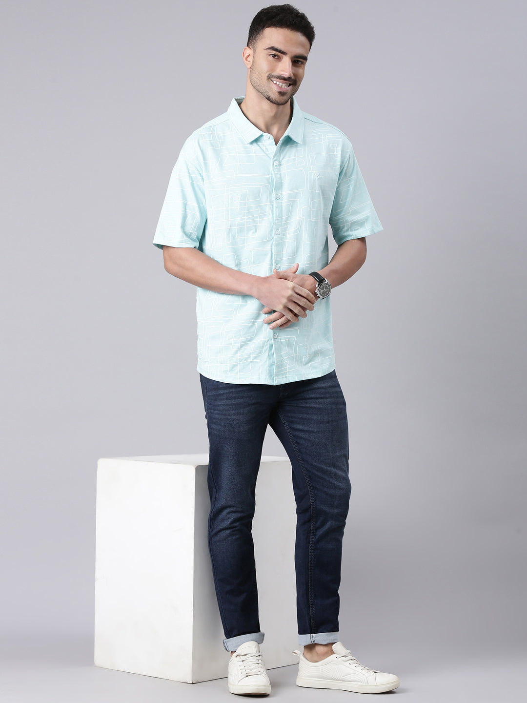 Classic Polo Men's Half Sleeve Lt.Blue/White Polo Neck All Over Print Cotton Drop Shoulder Knitted Shirt | GEN-X-KSH 14 A SH HS