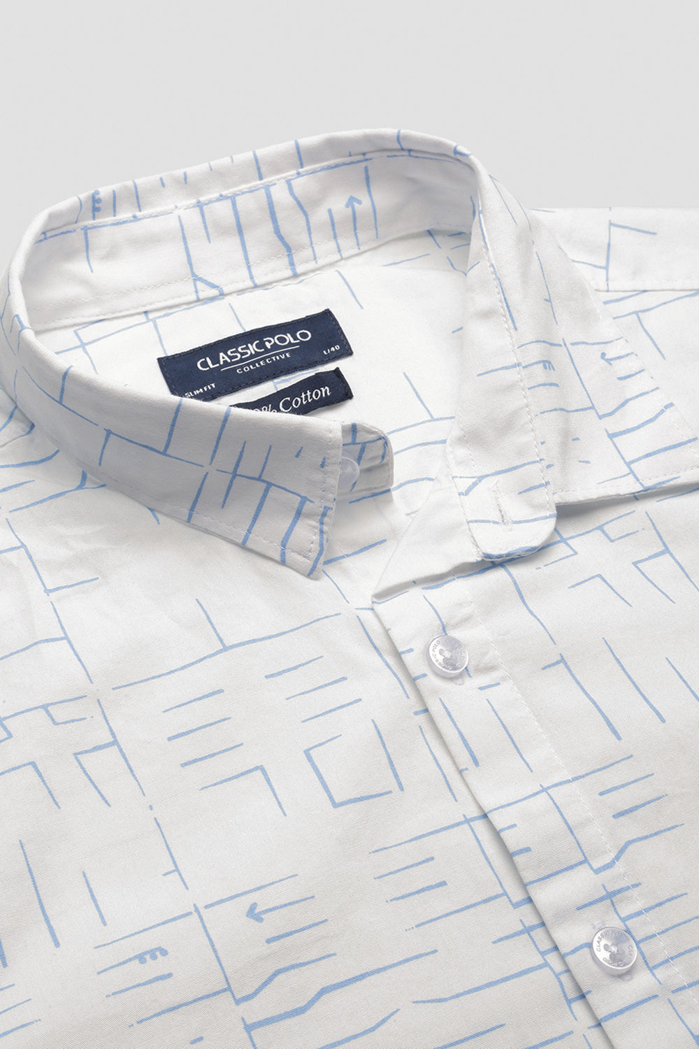 Classic Polo Men's Full Sleeve White/Blue Polo Neck Slim Fit All Over Print Shirt | SP2-CL-41 B-FS-PRT-SF