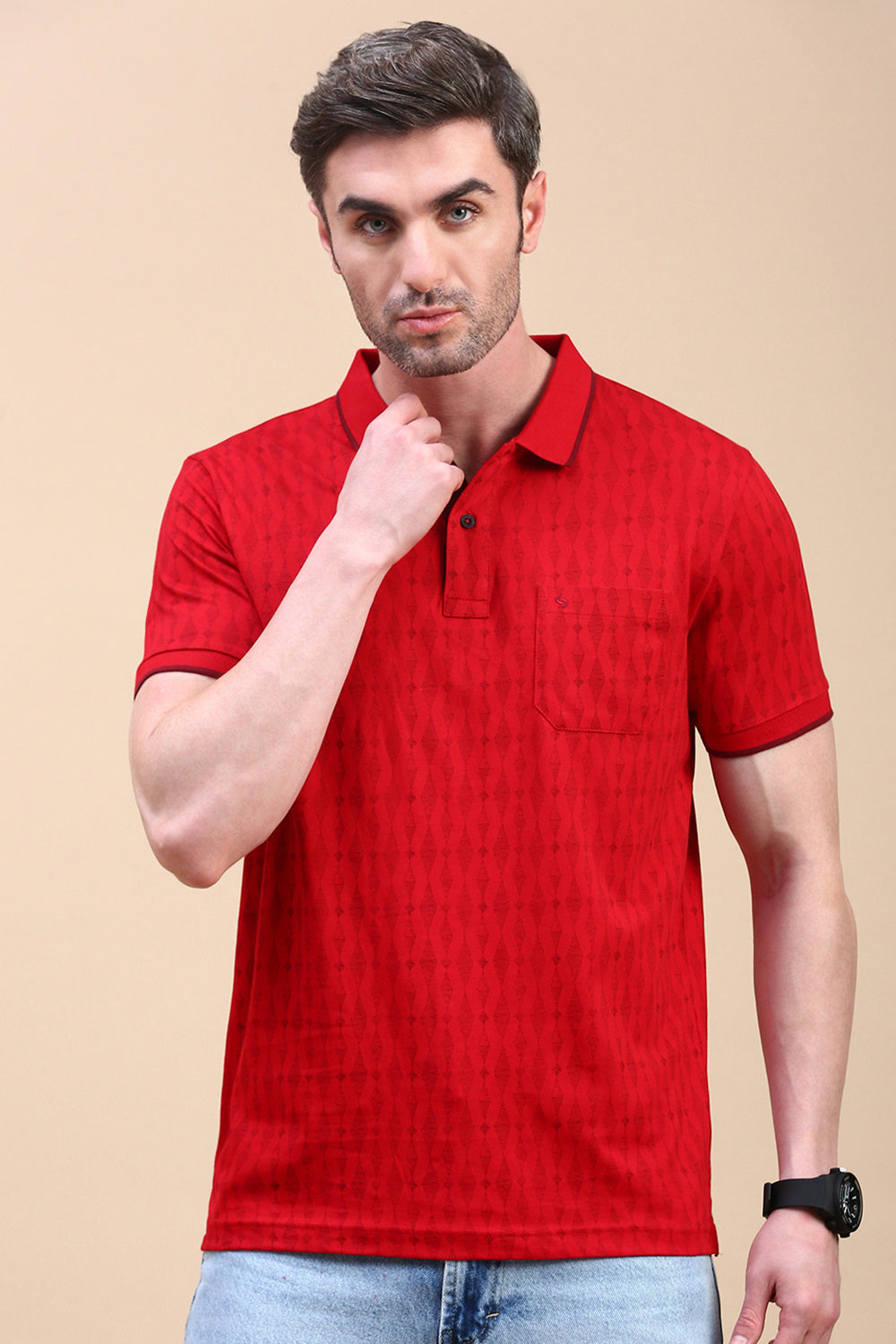 Classic Polo Men's Half Sleeve Red Polo Neck Slim Fit All Over Print T-Shirt | BELLO - 326 B SF P