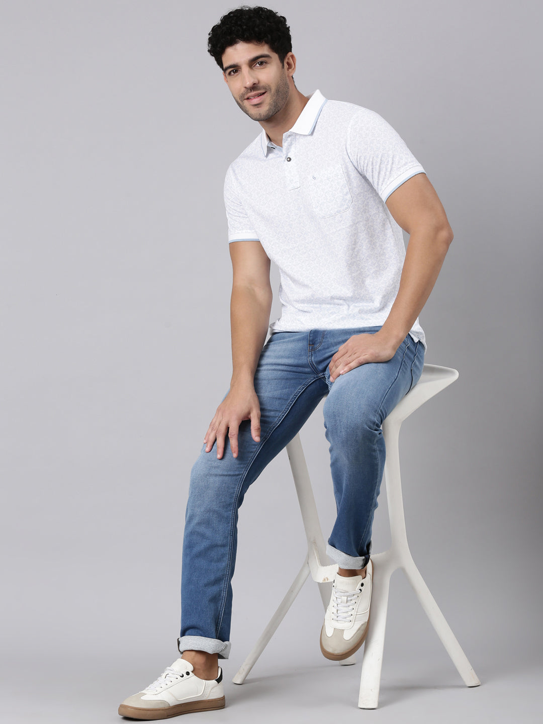 Classic Polo Men's Half Sleeve White Polo Neck Slim Fit All-Over Print Cotton T-Shirt | BELLO - 393 A SF P