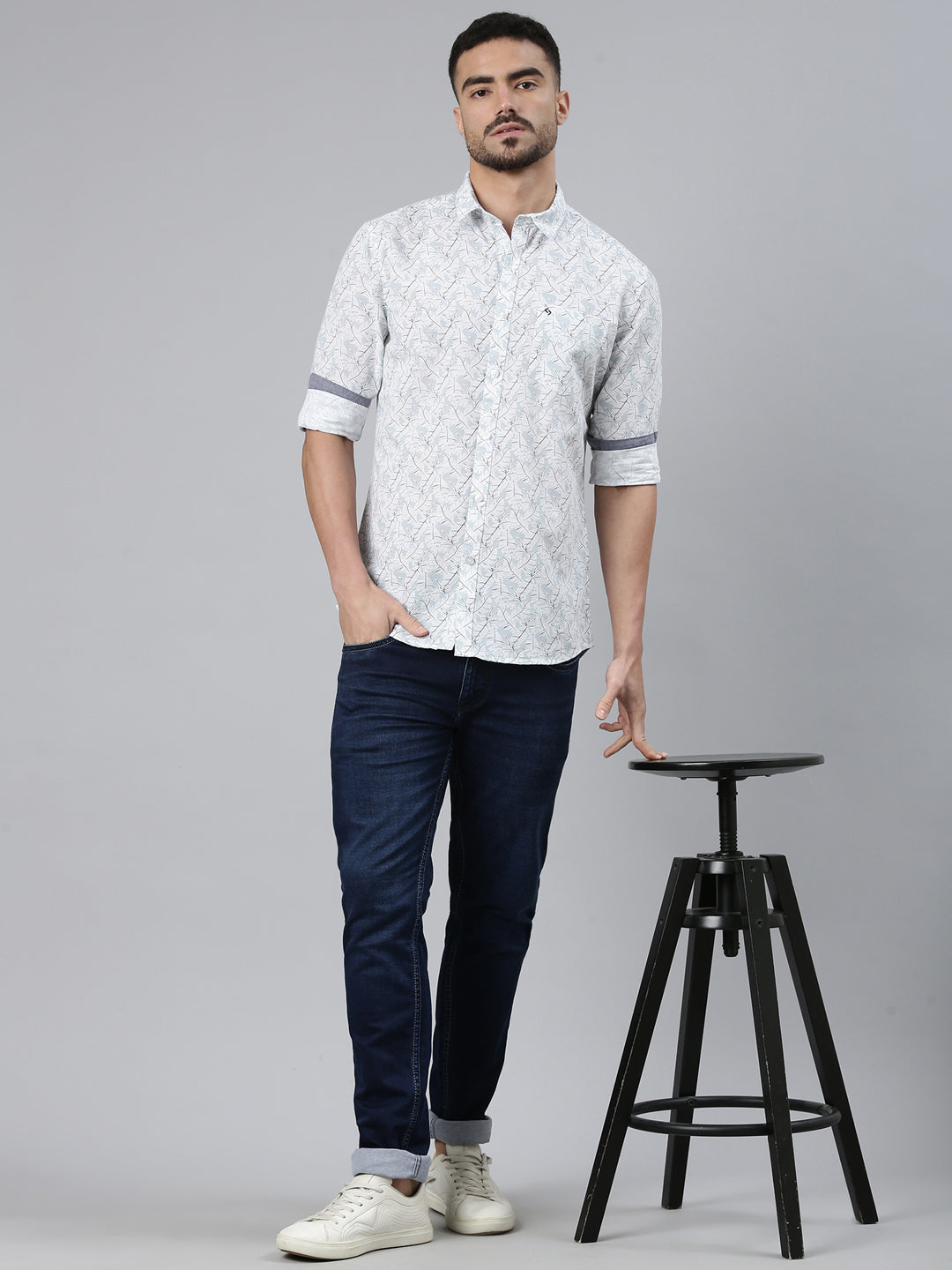 Classic Polo Men's Full Sleeve Multicolor Polo Neck Slim Fit All-Over Print Cotton Shirt | SQ2-CL-49 B-FS-PRT-SF