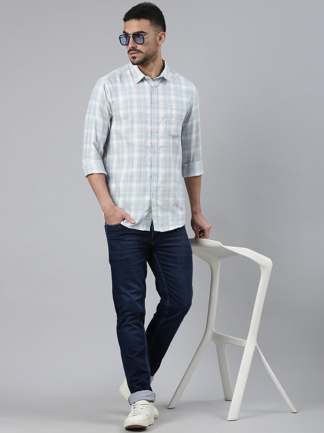 Classic Polo Men's Full Sleeve White/Light Blue Polo Neck Slim Fit Checked Cotton Casual Shirt | SQ2-CL-102 A-FS-CHK-SF