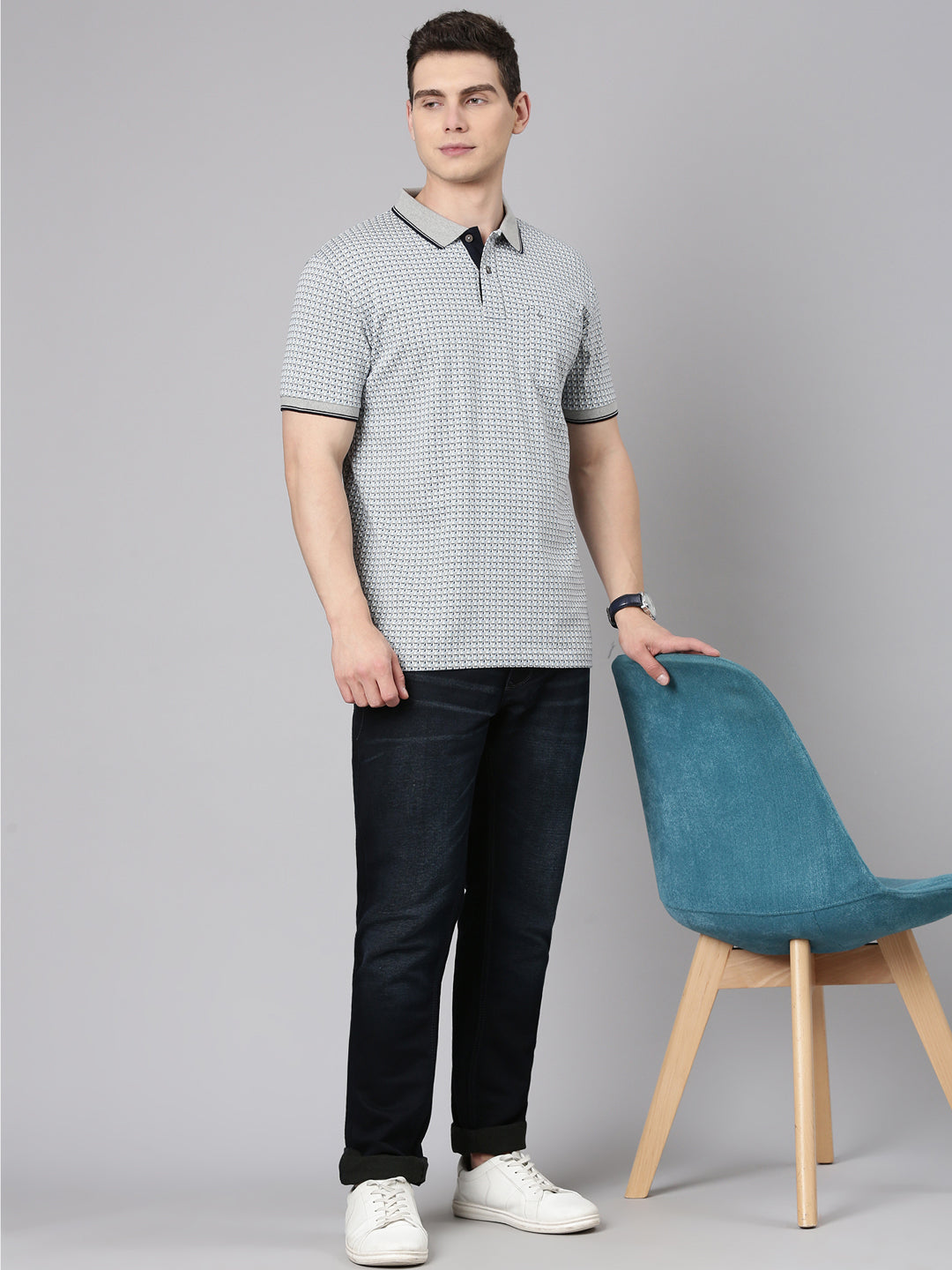 Classic Polo Men's Half Sleeve Grey Polo Neck Slim Fit All Over Print Cotton T-Shirt | BELLO - 341 B SF P