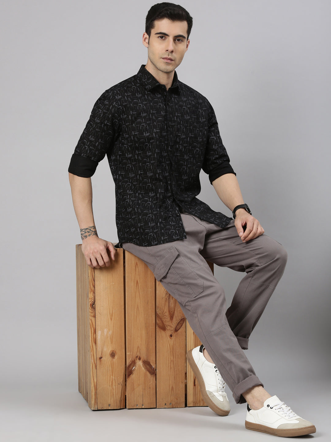 Classic Polo Men's Full Sleeve Black Polo Neck Slim Fit All-Over Print Cotton Shirt | LSHQ2-90 B-FS-PRT-SF