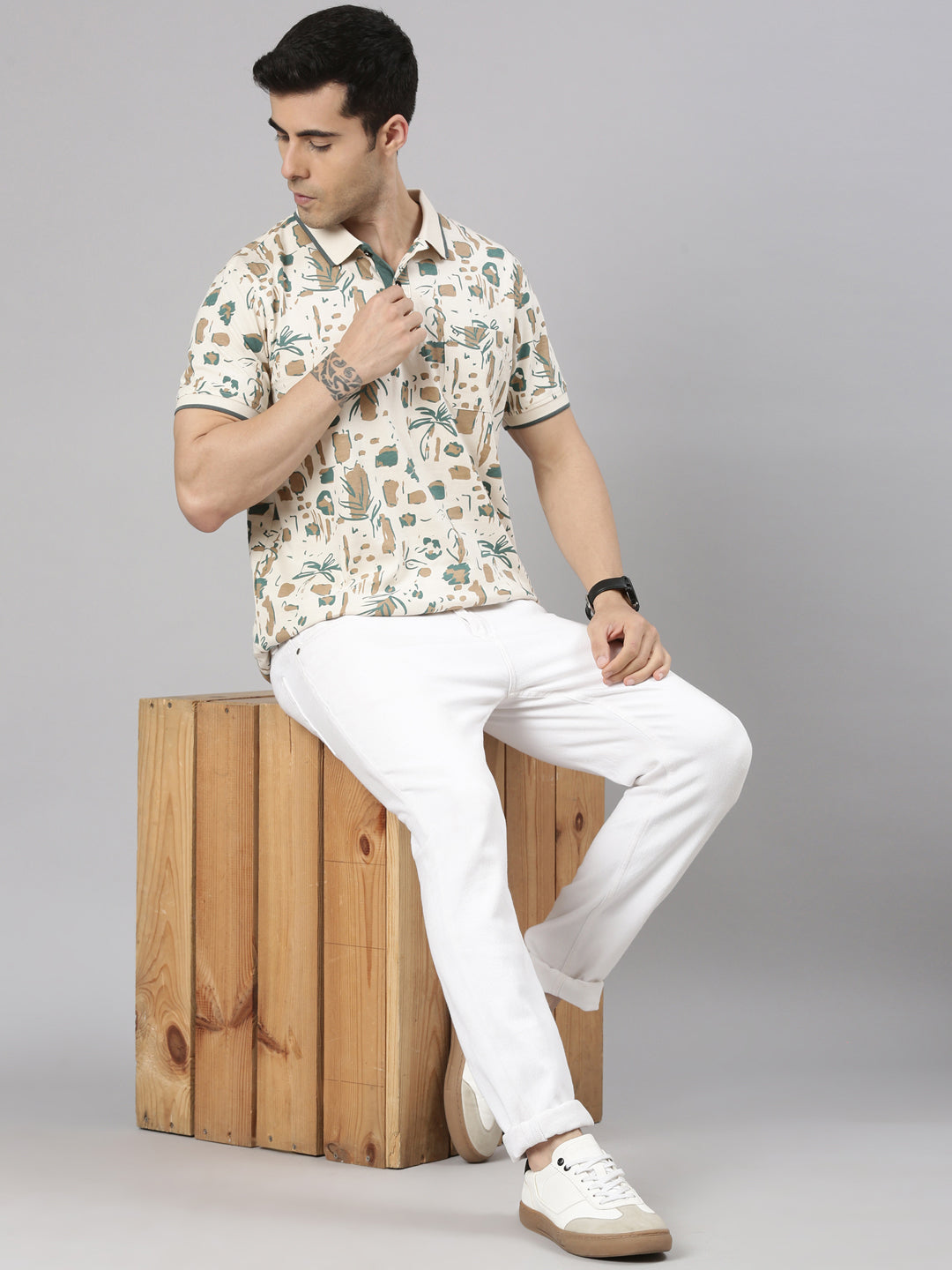 Classic Polo Men's Half Sleeve Beige Polo Neck Slim Fit All-Over Print Cotton T-Shirt | BELLO - 364 A SF P