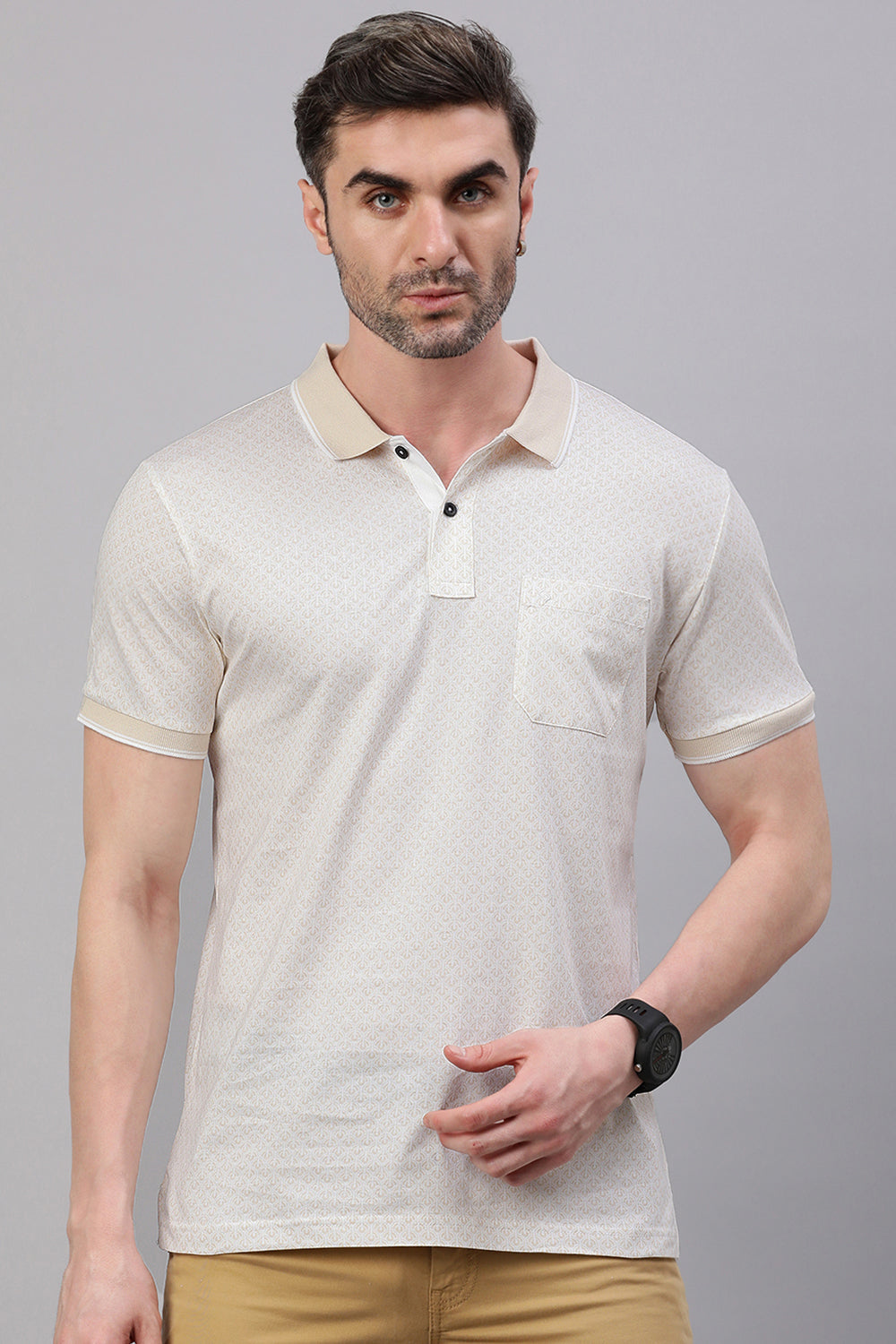 Classic Polo Men's Half Sleeve Beige Polo Neck Slim Fit All Over Print T-Shirt | BELLO - 312 A SF P