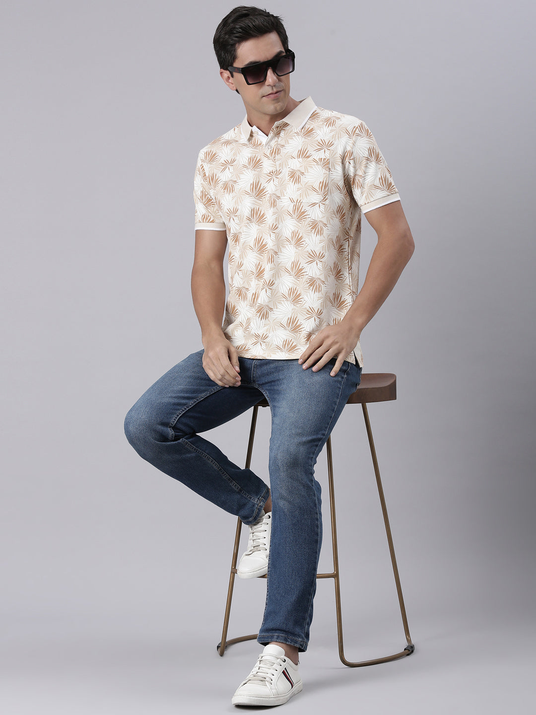 Classic Polo Men's Half Sleeve Beige/White Polo Neck Slim Fit All Over Print Cotton T-Shirt | BEAU - 284 B SF P
