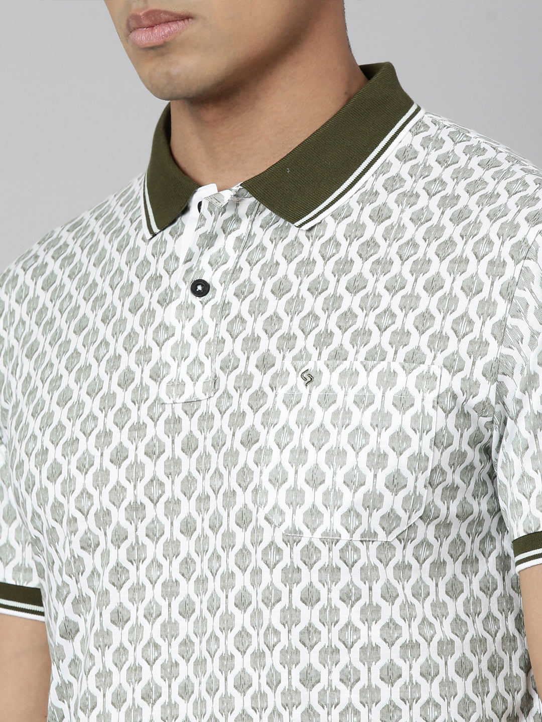 Classic Polo Men's Polo Neck Cotton White/Olive Slim Fit Printed T-Shirt | BELLO-287 A SF P