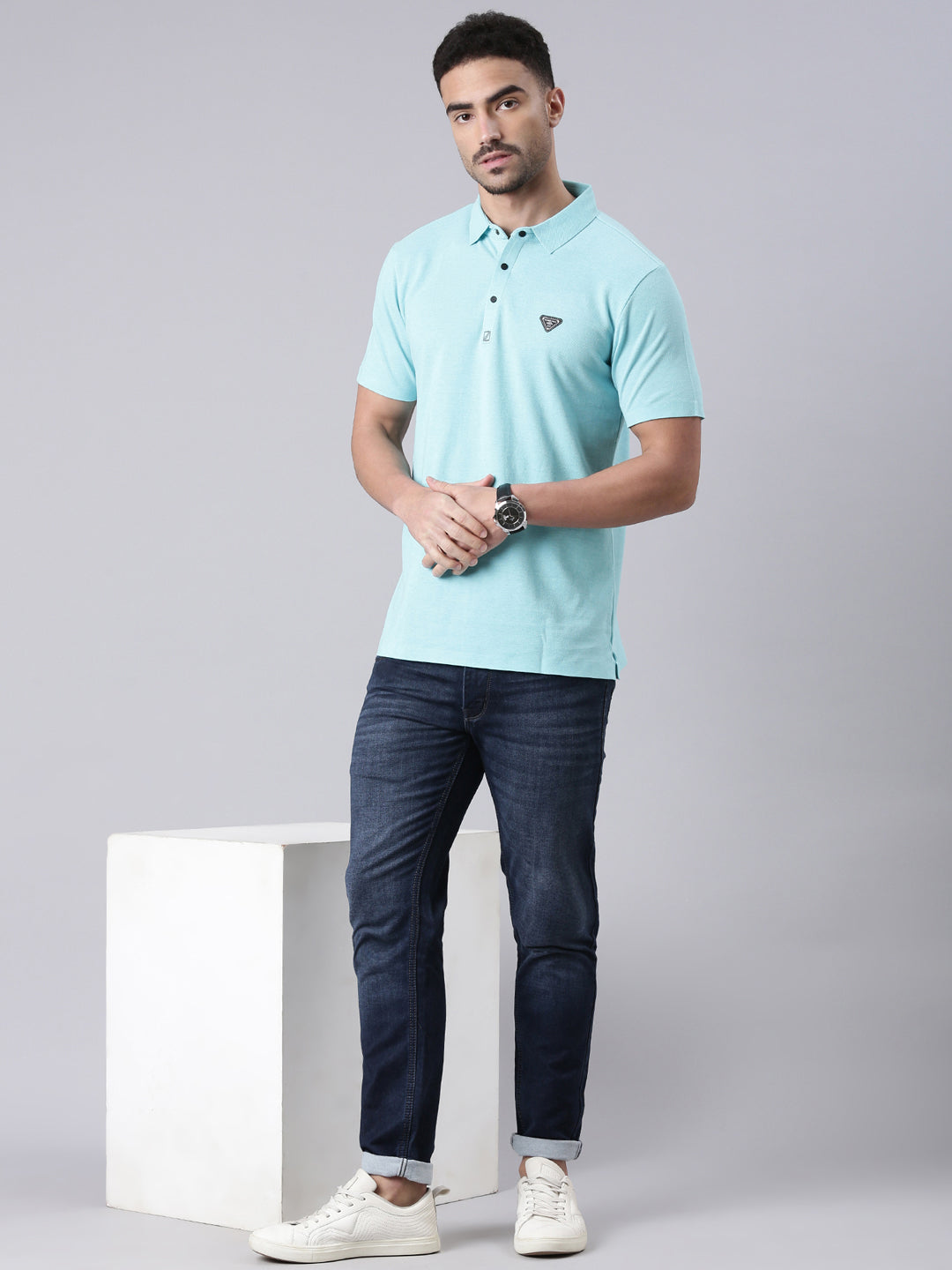Classic Polo Men's Half Sleeve Aqua Blue Polo Neck Slim Fit Solid Cotton T-Shirt | ELITE-POLO-32 B SF P