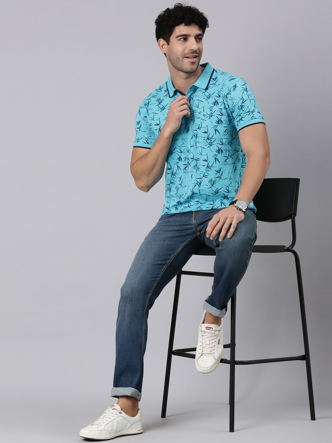 Classic Polo Men's Half Sleeve Blue Polo Neck Slim Fit All-Over Print Cotton T-Shirt | BELLO - 417 A SF P