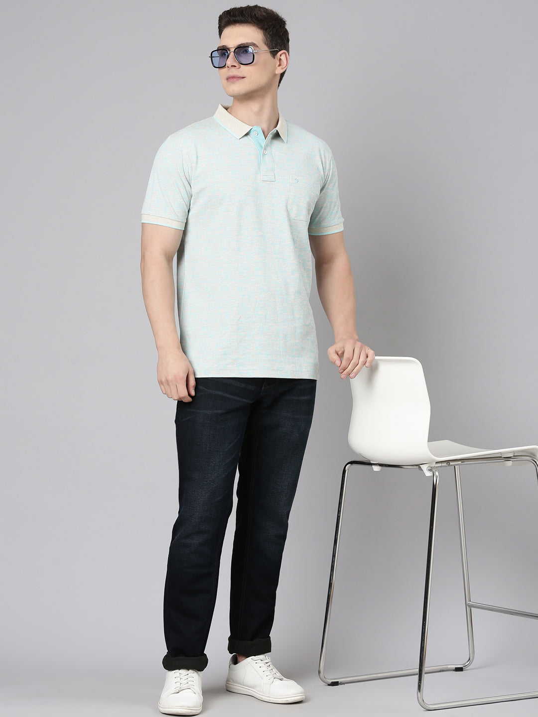 Classic Polo Men's Half Sleeve Grey/Blue Polo Neck Slim Fit All Over Print Cotton T-Shirt | LTS-AOP - 96 A SF P