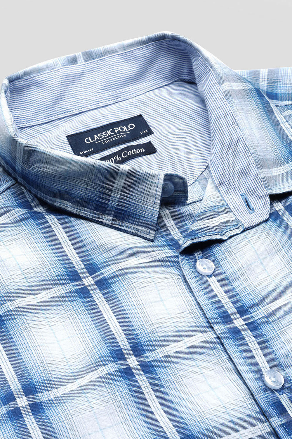 Classic Polo Men's Full Sleeve Blue/White Polo Neck Slim Fit Checked Shirt | SP2-CL-75 A-FS-CHK-SF