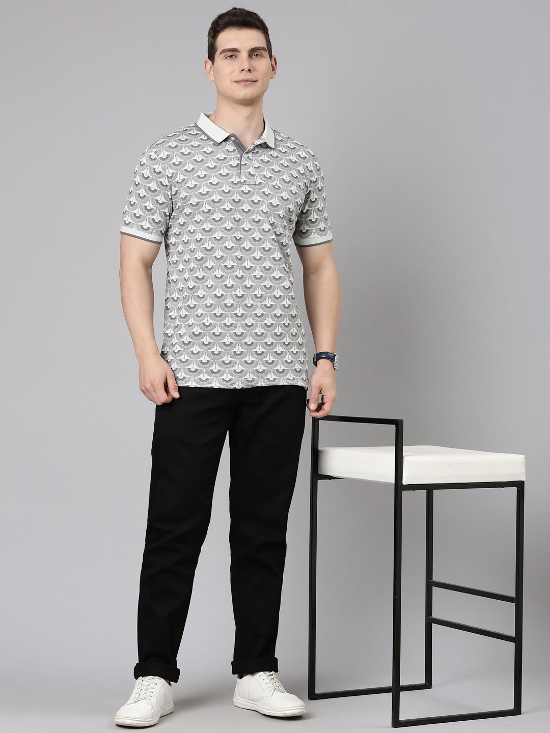 Classic Polo Men's Half Sleeve Grey Polo Neck Slim Fit All Over Print Cotton T-Shirt | LTS-AOP - 97 B SF P
