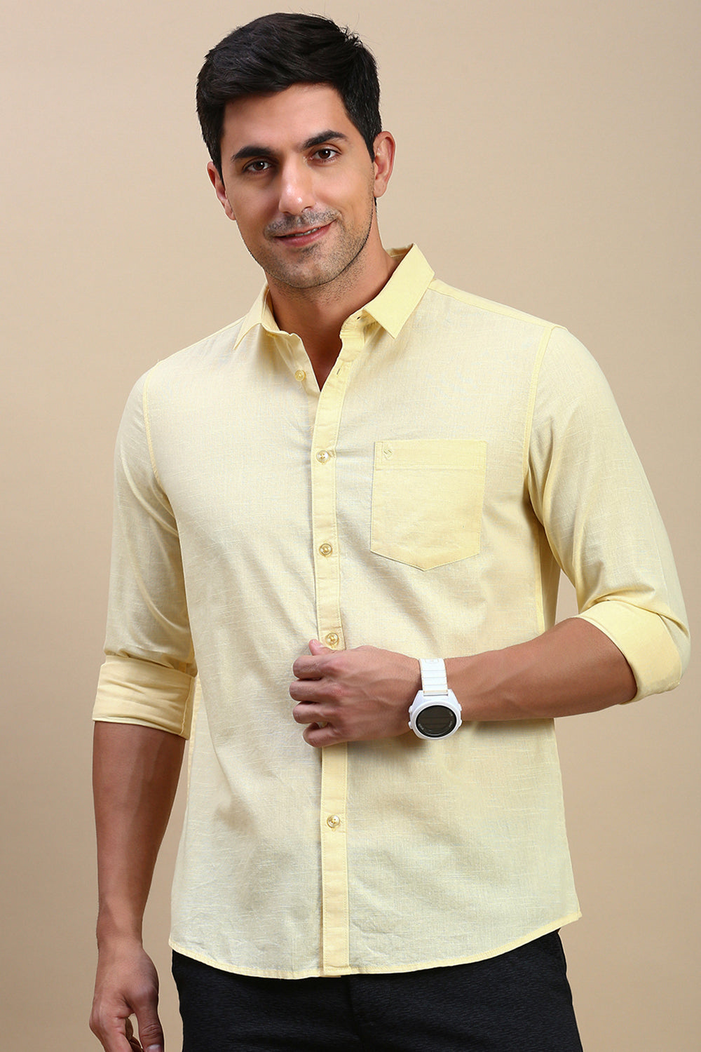 Classic Polo Men's Full Sleeve Yellow Polo Neck Slim Fit Solid Shirt | TOY-STRIVE-CREAM SF FS