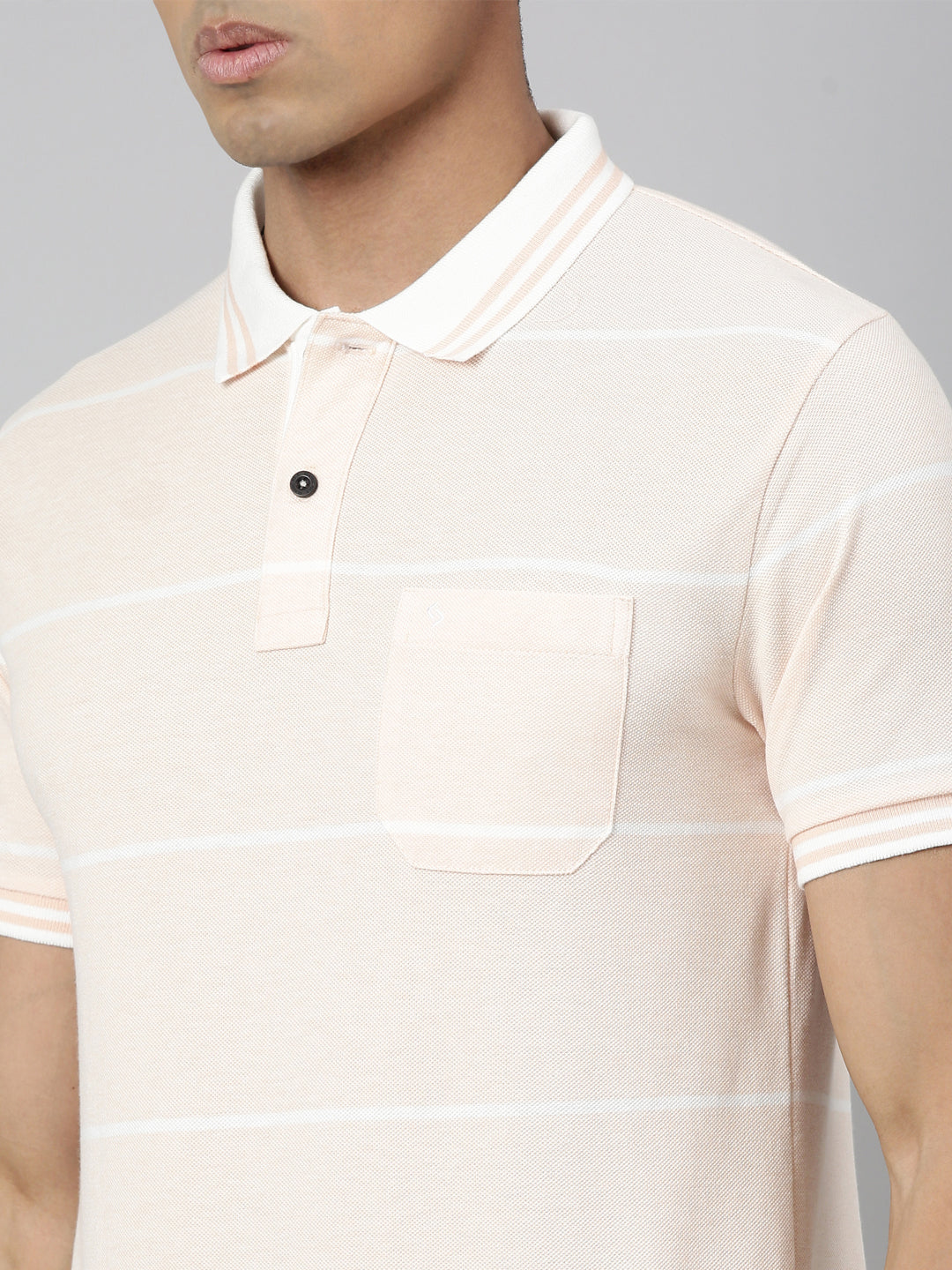 Classic Polo Men's Polo Neck Cotton Lt.Peach Slim Fit Striped T-Shirt | ADORE-216 A SF P