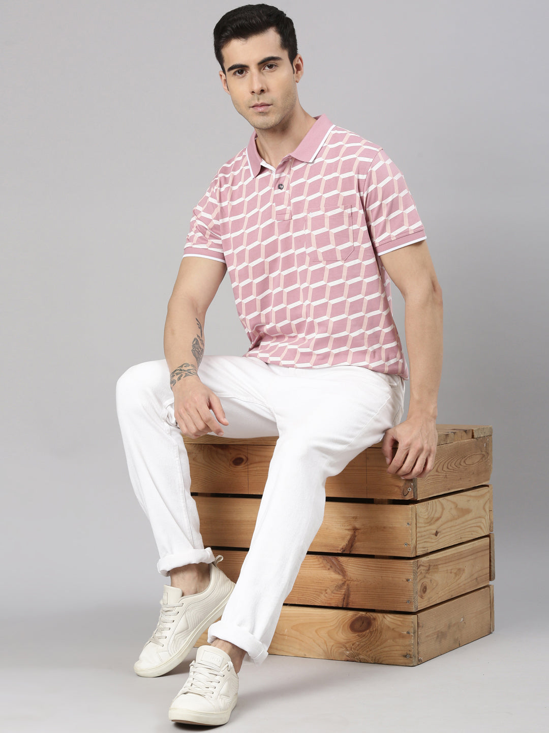 Classic Polo Men's Half Sleeve Pink/White Polo Neck Slim Fit All-Over Print Cotton T-Shirt | BELLO - 372 A SF P