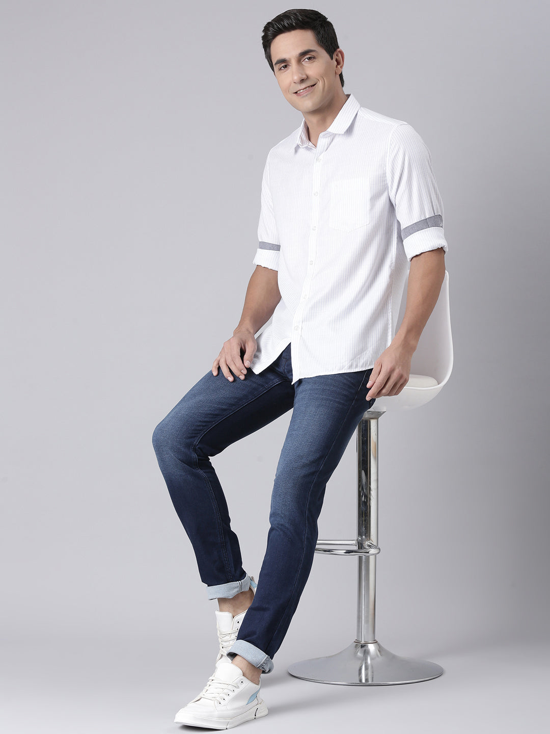 Classic Polo Men's Full Sleeve White/Light Blue Polo Neck Slim Fit Striped Cotton Casual Shirt | SQ2-CL-31 B-FS-STR-SF