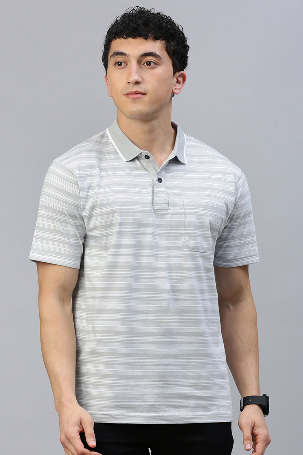 Classic Polo Men's Half Sleeve Grey/White Polo Neck Authentic Fit Striped T-Shirt | FEEDERS - 278 A AF P