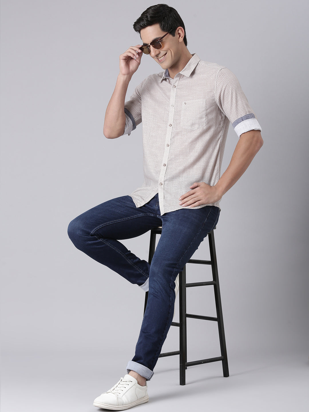 Classic Polo Men's Full Sleeve Beige/White Polo Neck Slim Fit All-Over Print Cotton Casual Shirt | SQ2-CL-60 B-FS-PRT-SF