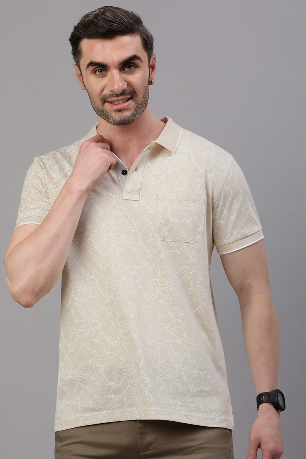Classic Polo Men's Half Sleeve Beige Polo Neck Slim Fit All Over Print T-Shirt | BEAU - 273 B SF P