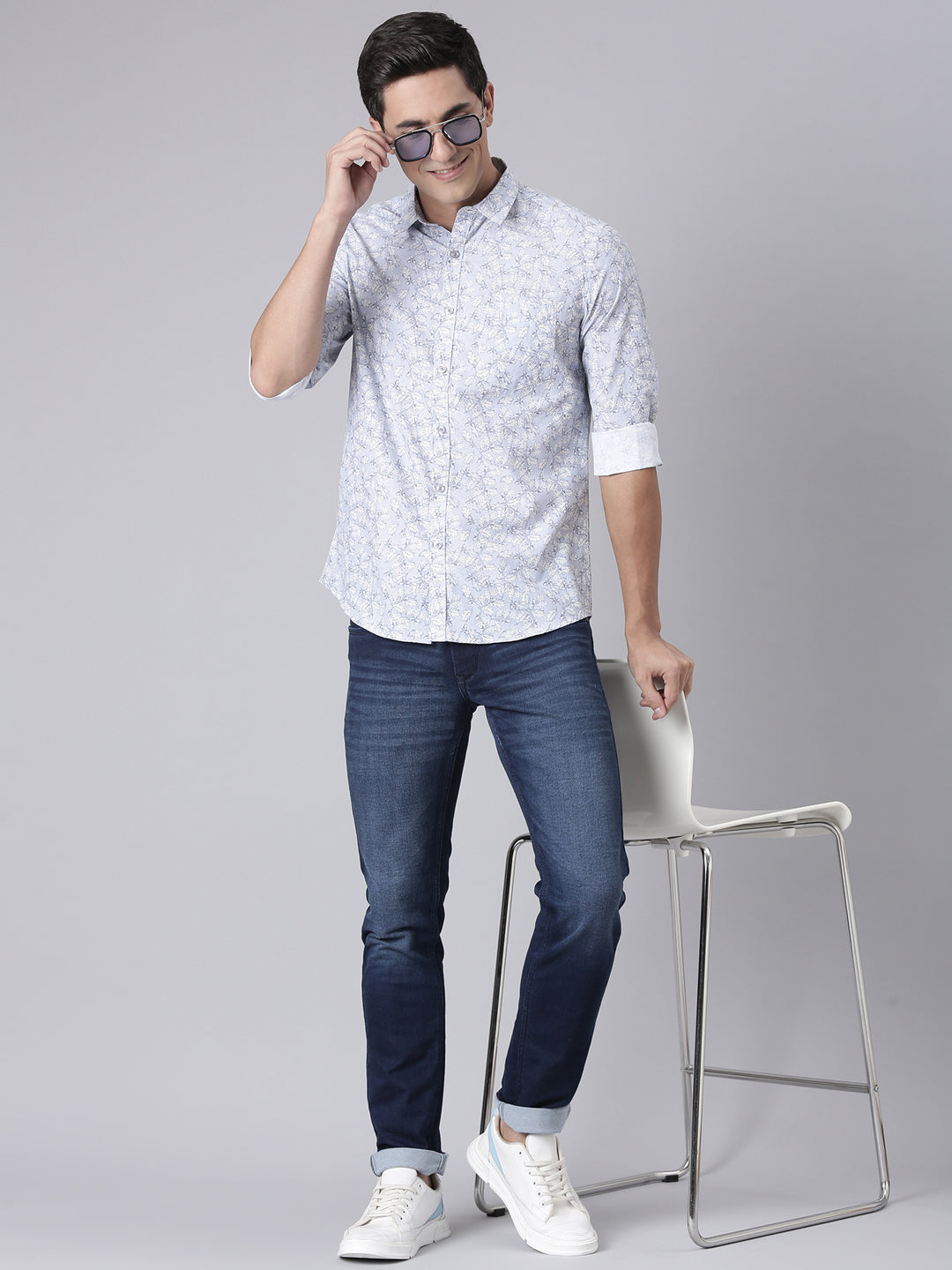 Classic Polo Men's Full Sleeve Blue/White Polo Neck Slim Fit All-Over Print Cotton Casual Shirt | SQ2-CL-58 B-FS-PRT-SF