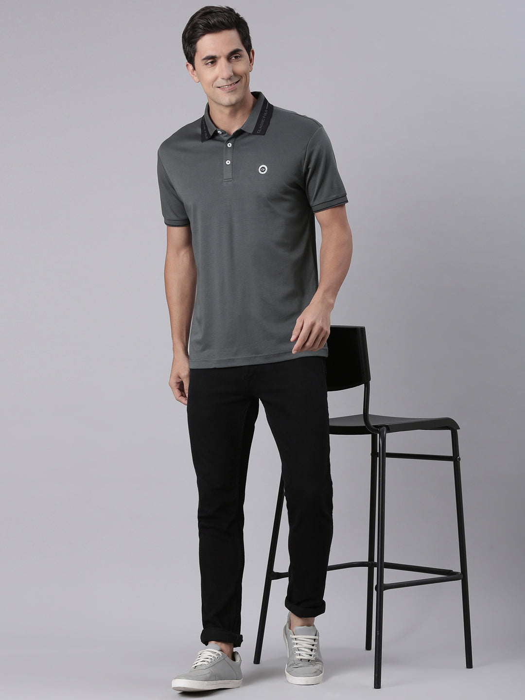 Classic Polo Men's Half Sleeve Steel Grey Polo Neck Slim Fit Solid Cotton T-Shirt | ELITE-POLO-48 A SF P
