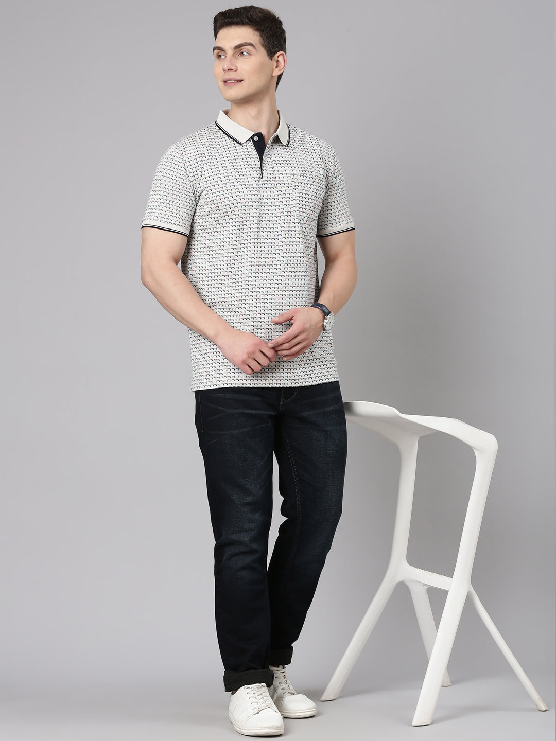 Classic Polo Men's Half Sleeve Grey Polo Neck Slim Fit All Over Print Cotton T-Shirt | BELLO - 341 A SF P