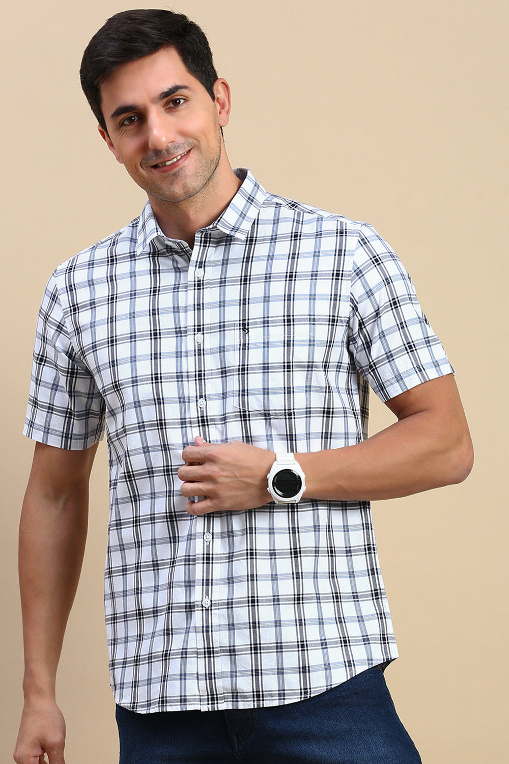 Classic Polo Men's Half Sleeve White/Black Polo Neck Slim Fit Checked Shirt | SP2-CL-76 A-HS-CHK-SF