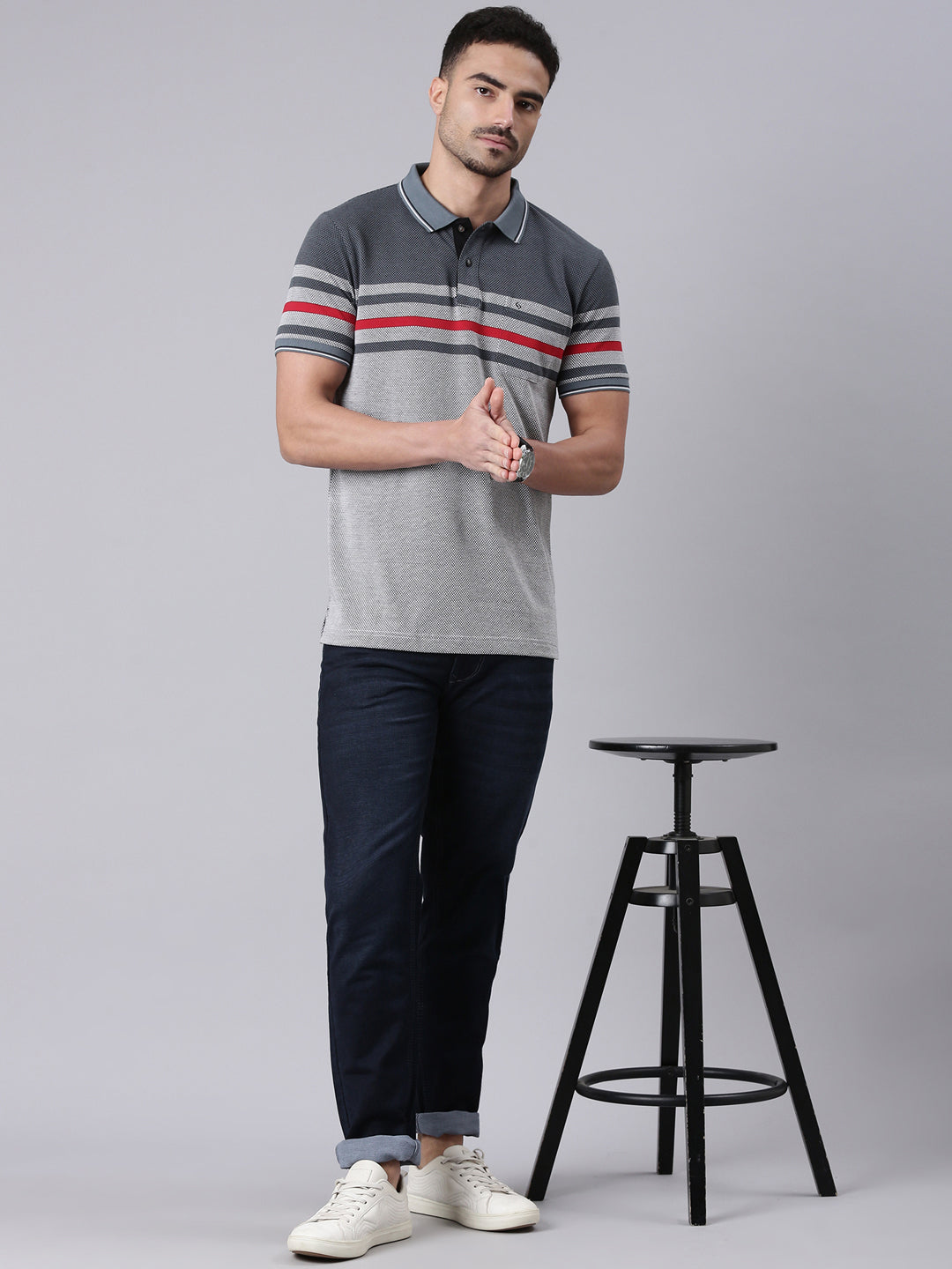 Classic Polo Men's Half Sleeve Grey Polo Neck Slim Fit Striped Cotton Blend T-Shirt | VTA - 299 B SF P
