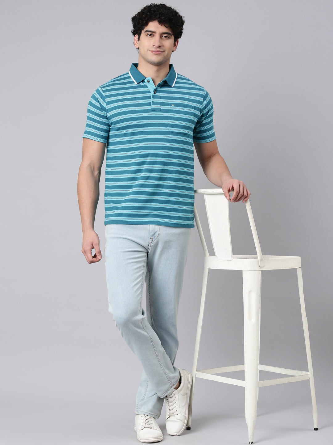 Classic Polo Men's Half Sleeve Blue Polo Neck Authentic Fit Striped Cotton Blend T-Shirt | FEEDERS - 306 B AF P