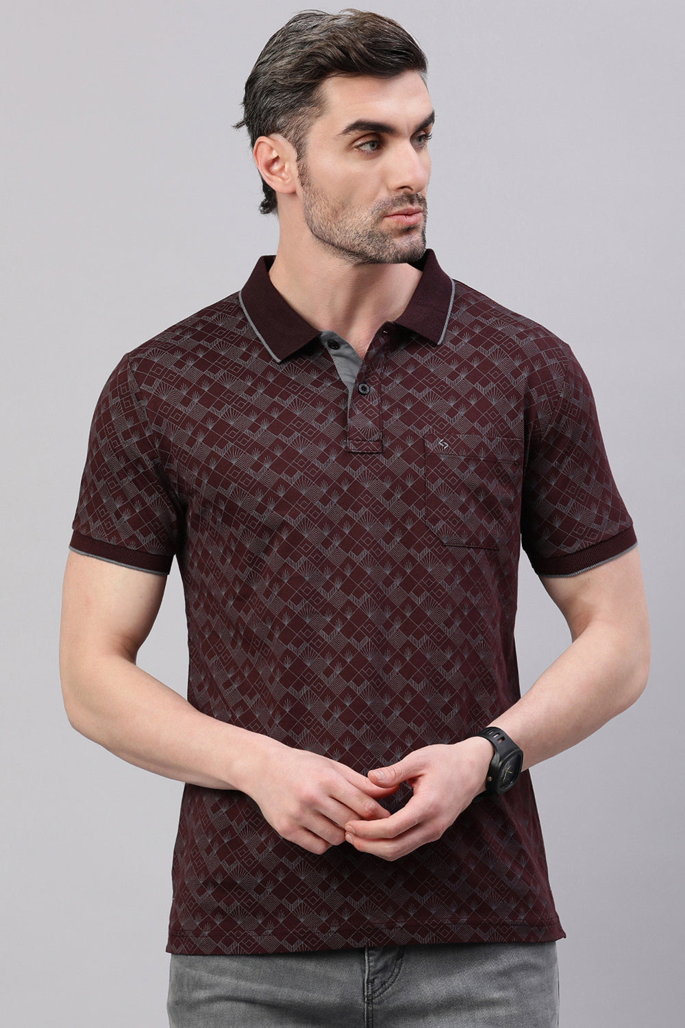 Classic Polo Men's Half Sleeve Burgundy Polo Neck Slim Fit All-Over Print T-Shirt