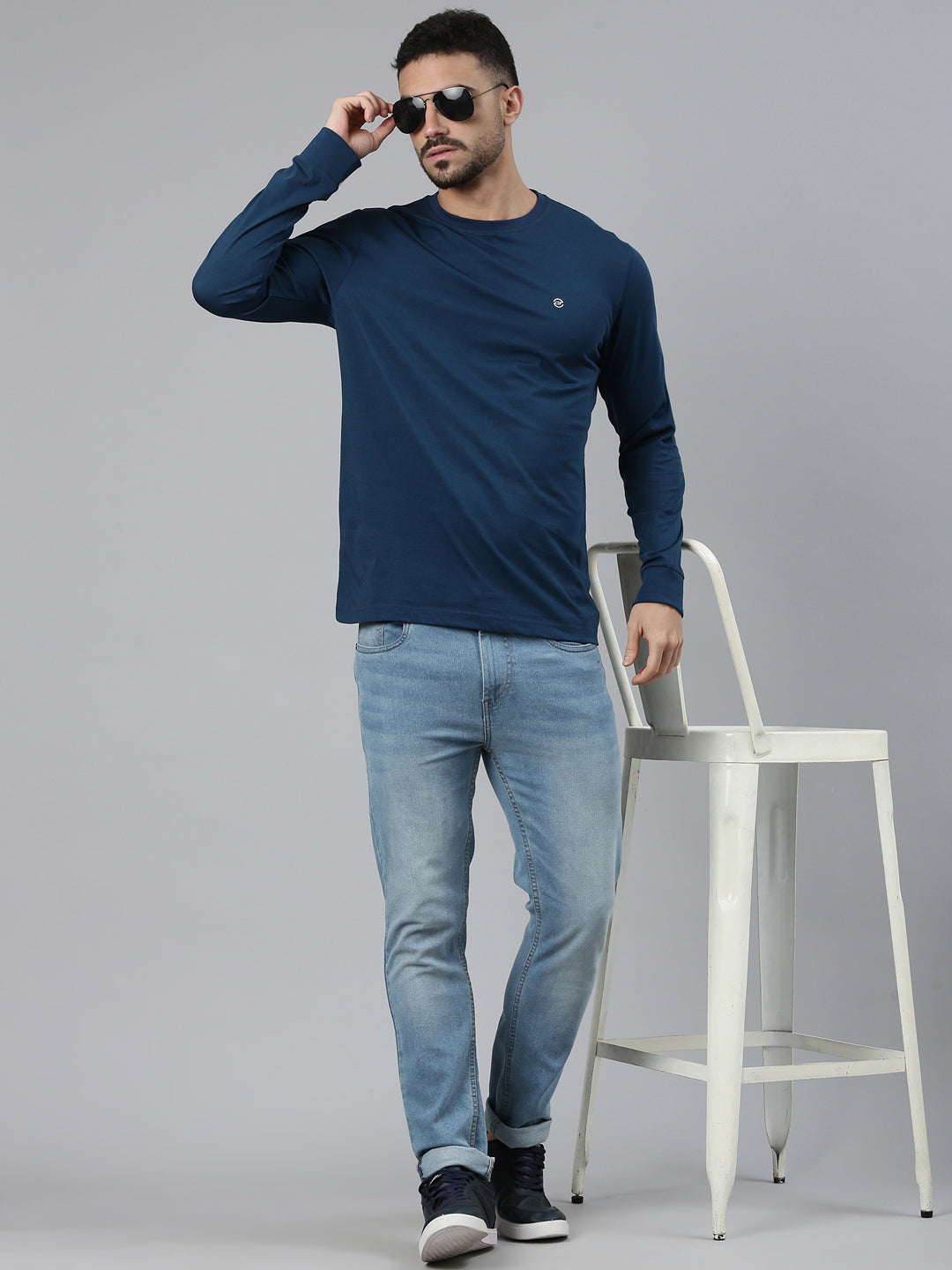Classic Polo Men's Full Sleeve Teal Blue Crew Neck Slim Fit Solid Cotton T-Shirt | LTS-FSH - 108 A SF C - FS