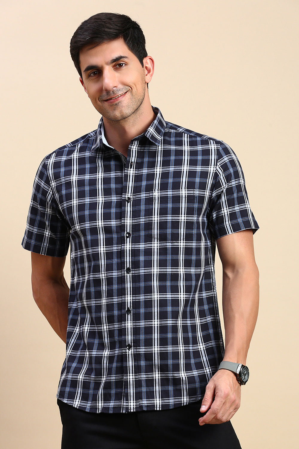 Classic Polo Men's Half Sleeve Navy/White Polo Neck Slim Fit Checked Shirt | SP2-CL-76 B-HS-CHK-SF