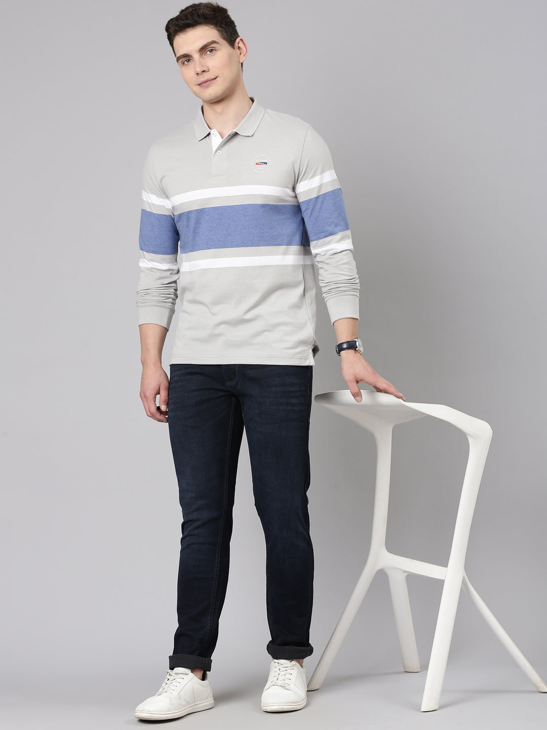 Classic Polo Men's Full Sleeve Grey/Blue Polo Neck Slim Fit Colorblock Cotton T-Shirt | VERNO - 367 A SF P