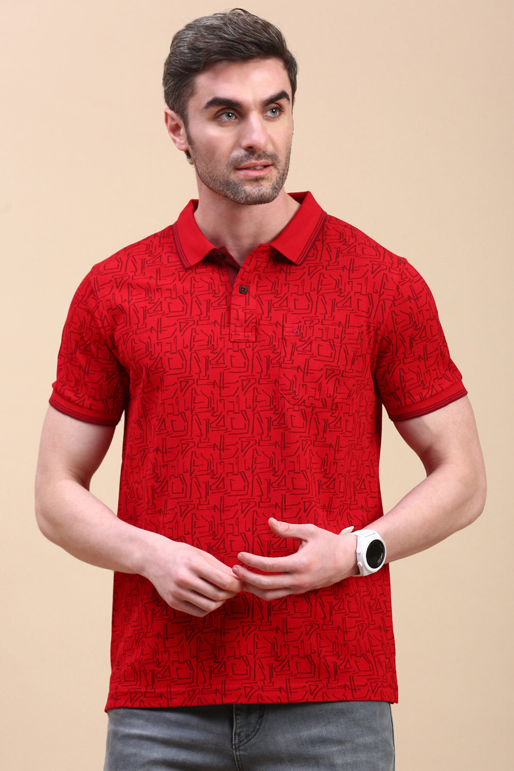 Classic Polo Men's Half Sleeve Red Polo Neck Slim Fit All Over Print T-Shirt | BEAU - 277 B SF P