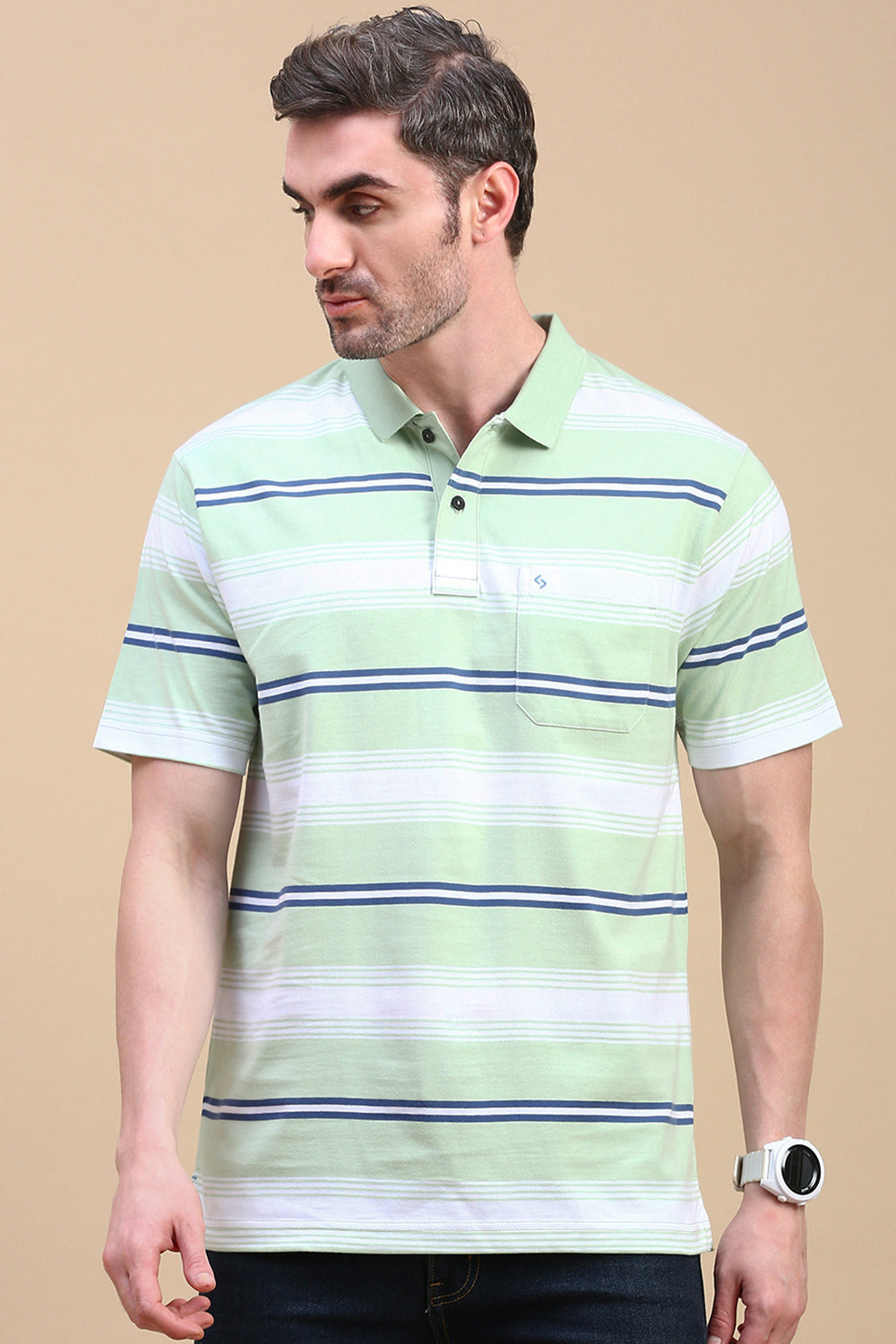Classic Polo Men's Half Sleeve Green/White Polo Neck Authentic Fit Striped T-Shirt | AVON - 605 B AF P