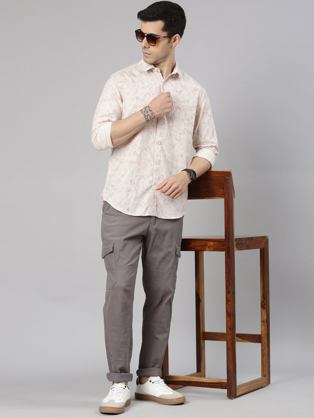 Classic Polo Men's Full Sleeve Peach Polo Neck Slim Fit All-Over Print Cotton Shirt | LSHQ2-94 A-FS-PRT-SF