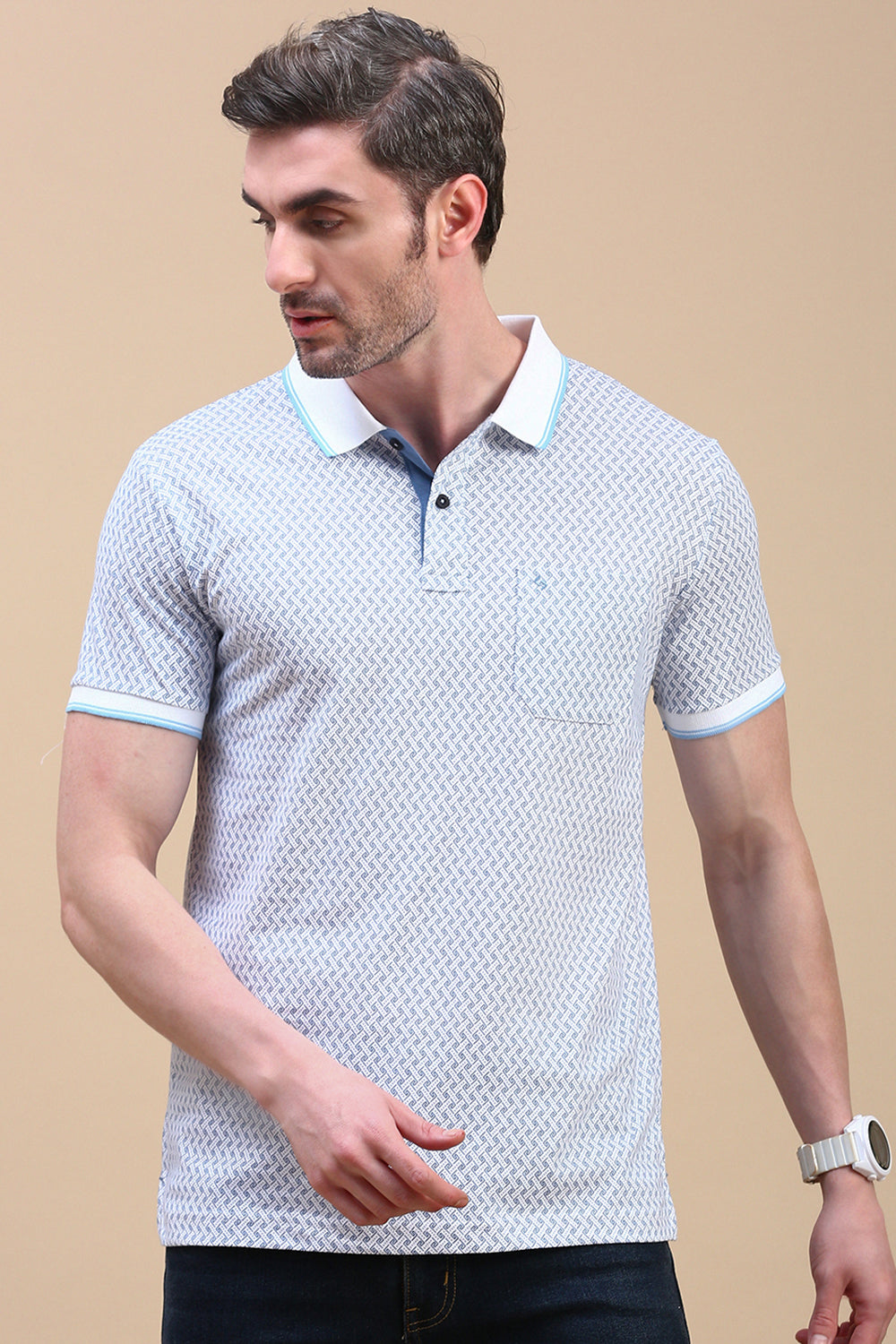 Classic Polo Men's Half Sleeve Navy/White Polo Neck Slim Fit All Over Print T-Shirt | BELLO - 314 B SF P