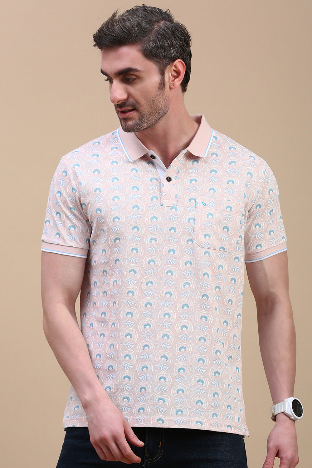 Classic Polo Men's Half Sleeve Peach Polo Neck Slim Fit All Over Print T-Shirt | BEAU - 271 A SF P