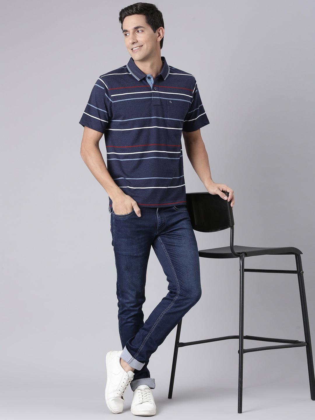 Classic Polo Men's Half Sleeve Navy Blue Polo Neck Authentic Fit Striped Cotton T-Shirt | LTS-STR - 85 B AF P