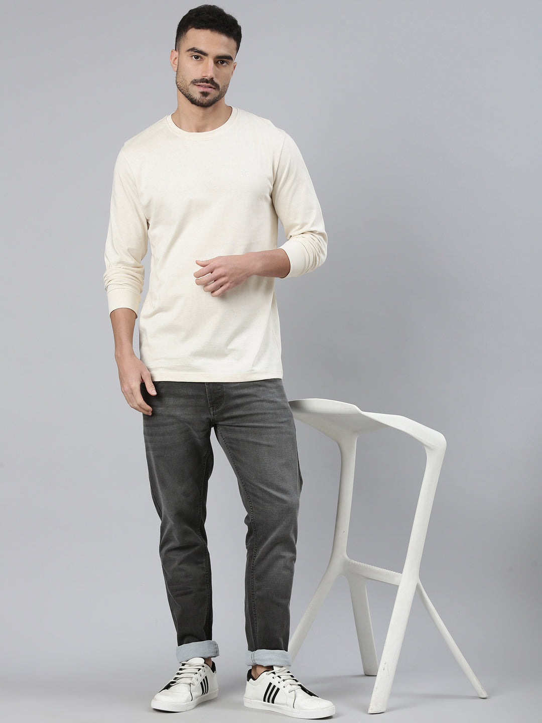 Classic Polo Men's Full Sleeve Cream Crew Neck Slim Fit Solid Cotton T-Shirt | LTS-FSH - 108 C SF C - FS