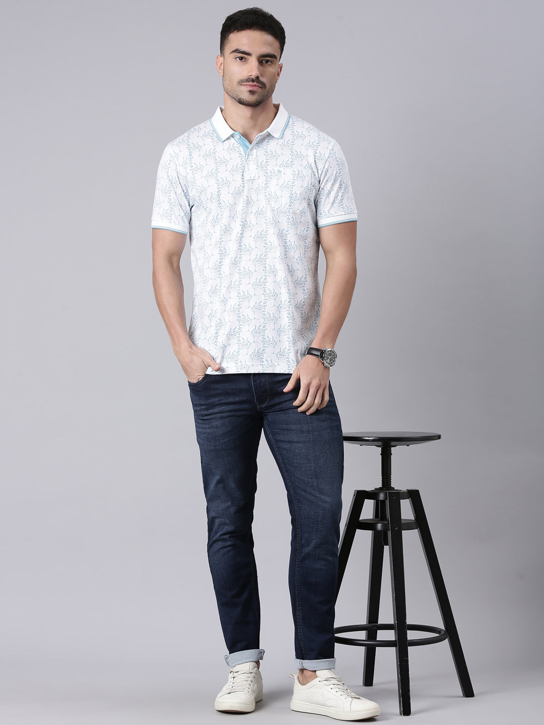 Classic Polo Men's Half Sleeve Lt.Blue/White Polo Neck Slim Fit All Over Print Cotton T-Shirt | LTS-AOP - 102 B SF P