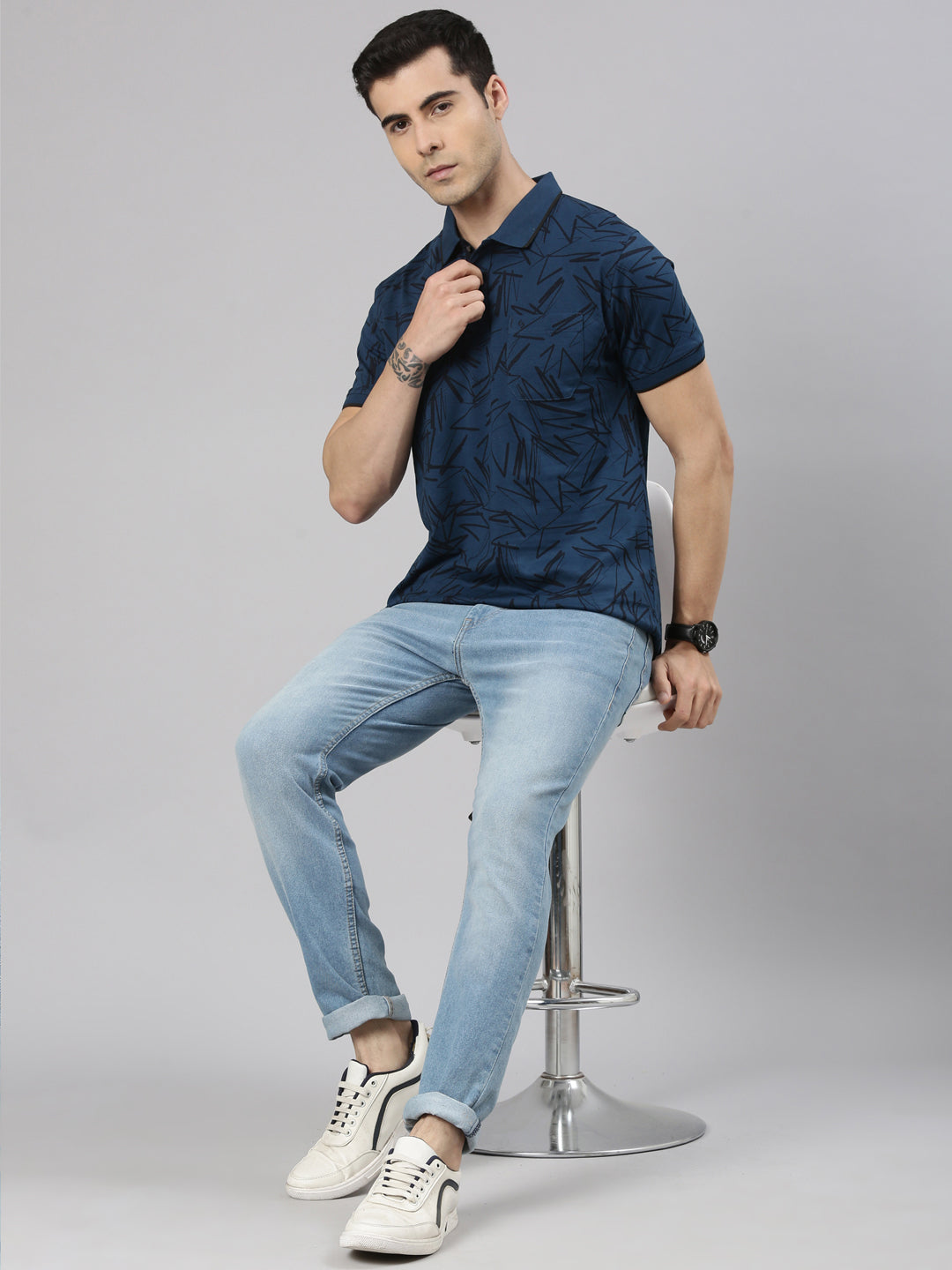 Classic Polo Men's Half Sleeve Blue/Black Polo Neck Slim Fit All-Over Print Cotton T-Shirt | BELLO - 371 B SF P