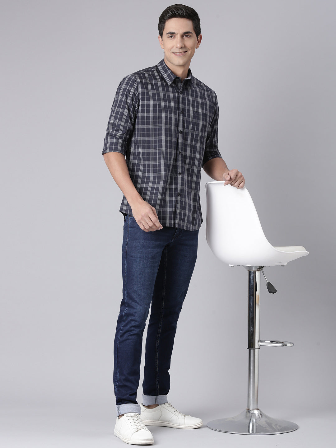 Classic Polo Men's Black/White Polo Neck Checked Cotton Slim Fit Woven Shirt | LSHQ2-104 A-FS-CHK-SF