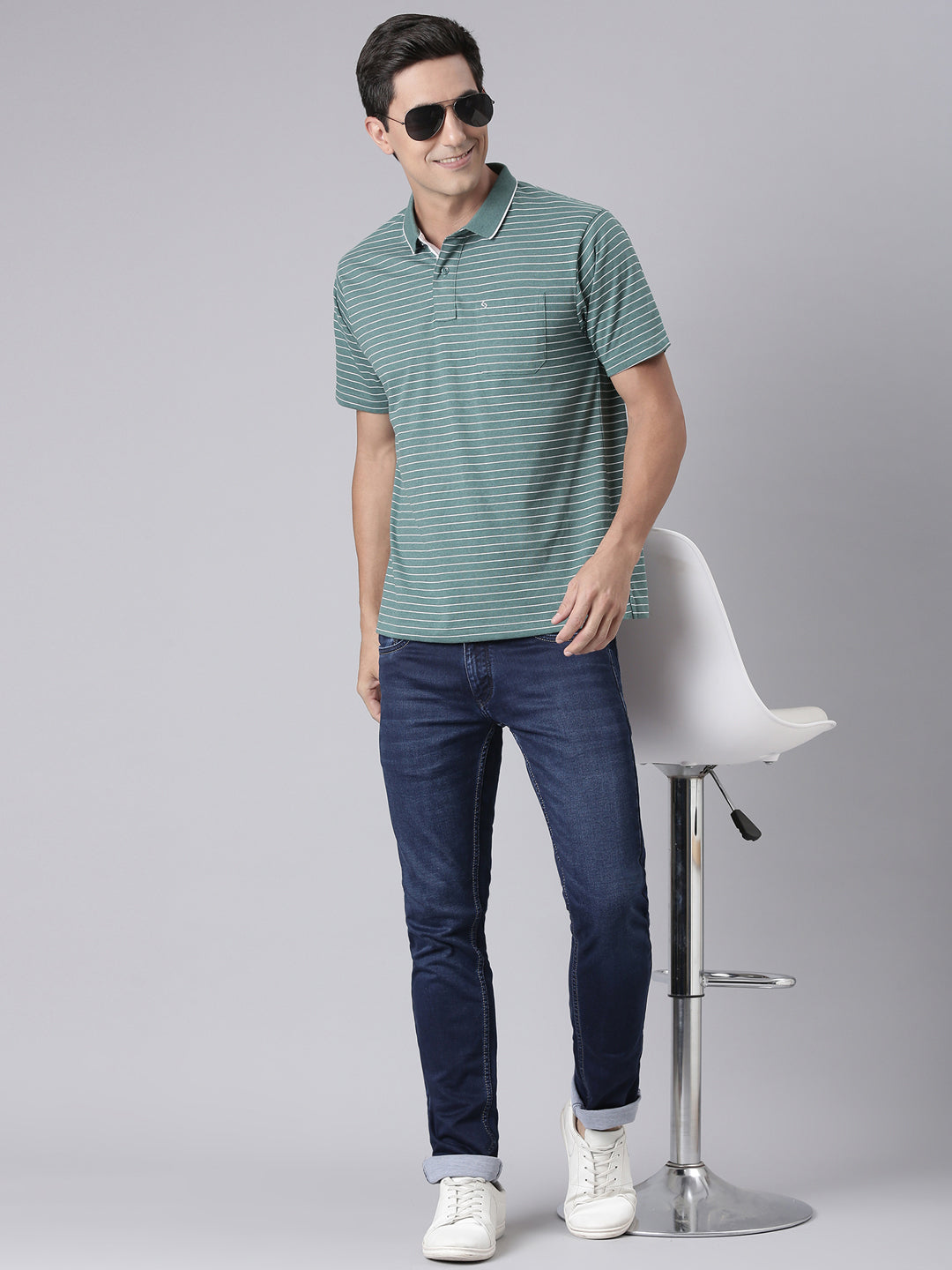 Classic Polo Men's Half Sleeve Dark Green/White Polo Neck Authentic Fit Striped Cotton T-Shirt | FEEDERS - 295 A AF P